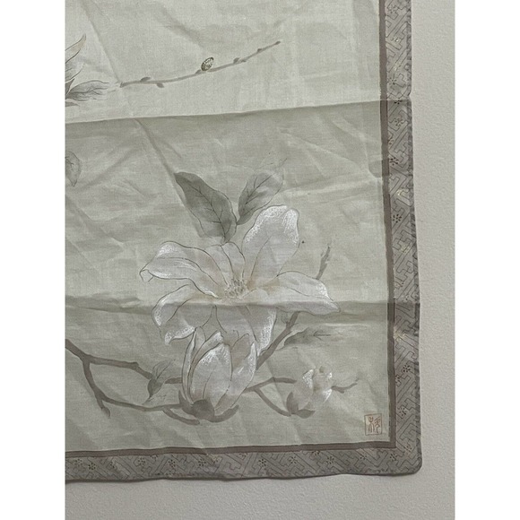 Vintage Mid Century Scarf Handkerchief Hanky Cream Tan Flower - Picture 4 of 10